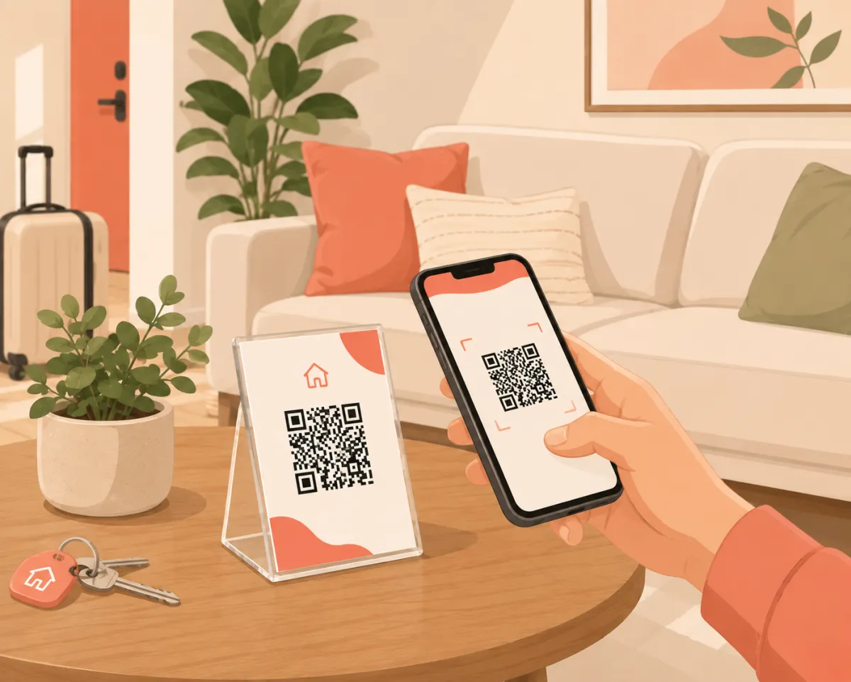 A guest scanning the WelcomeWay QR stand on a coffee table with their phone